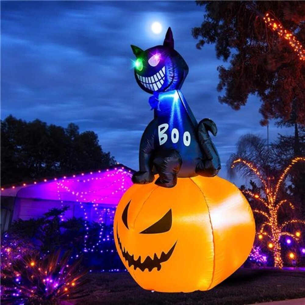 5 FT Halloween Inflatables Outdoor Cat Sit on Pumpkins with Changing Color
